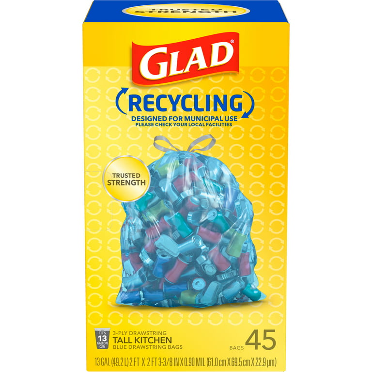 Glad Recycling Tall Drawstring Kitchen Trash Bags, Blue, 13 Gallon, 45 Count