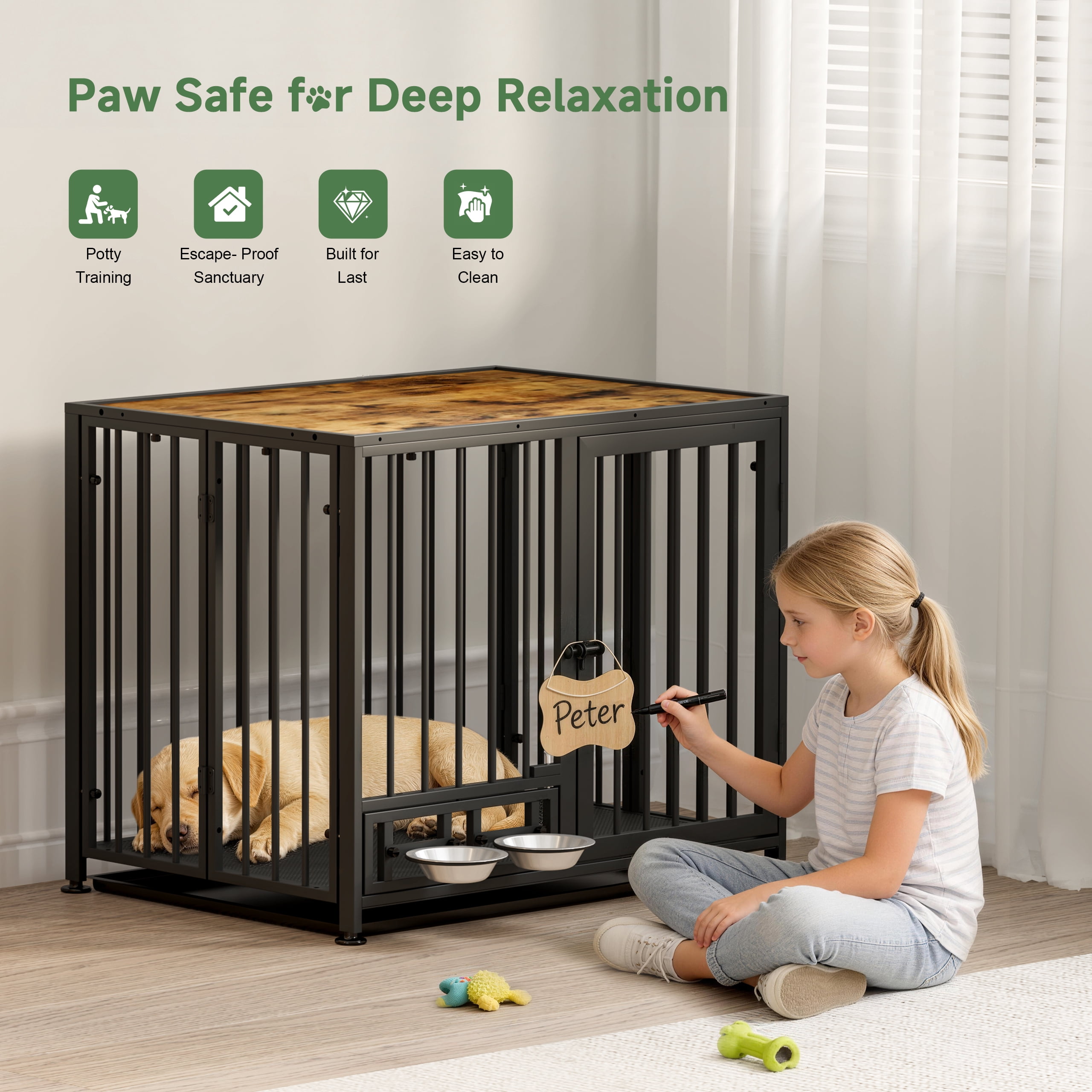 Amoveo 37.8" Heavy Duty Dog Crate for Medium Dogs, 3-in-1 Collapsible Metal Kennel & Playpen with Lockable Wheels & Feeding Bowls, Indoor Outdoor,Brown