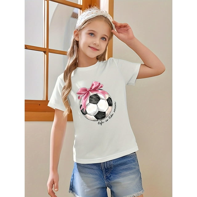 Girls' Fashionable Cotton Blend T-Shirt with Pink Bow Soccer Ball Print - Casual Round Neck, Short Sleeve Top for Summer