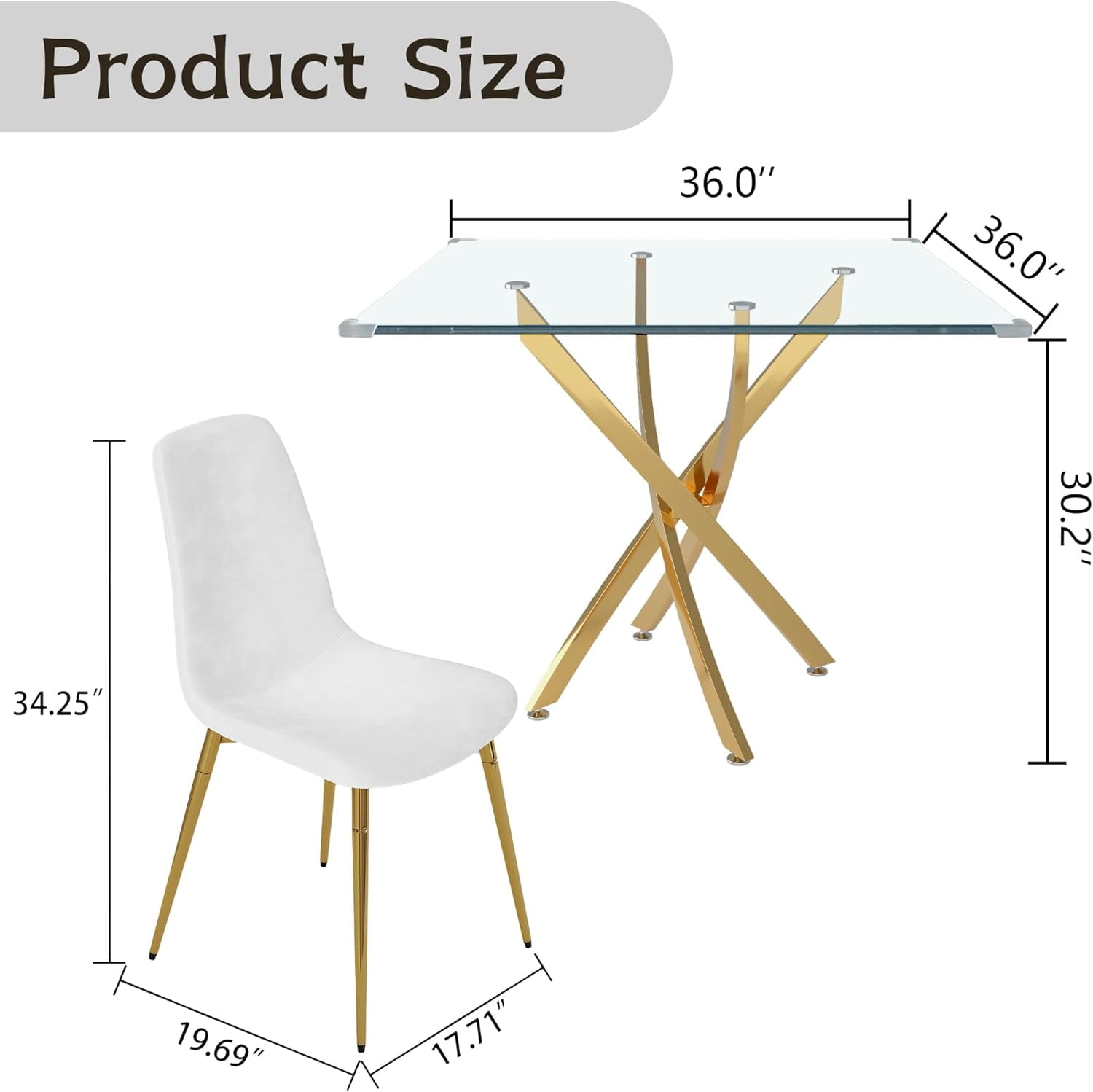 5-Piece 36" Square Glass Dining Set, Clear Tempered Glass Table & 4 Velvet Chairs with Stainless Steel Legs for Kitchen, Meeting Room