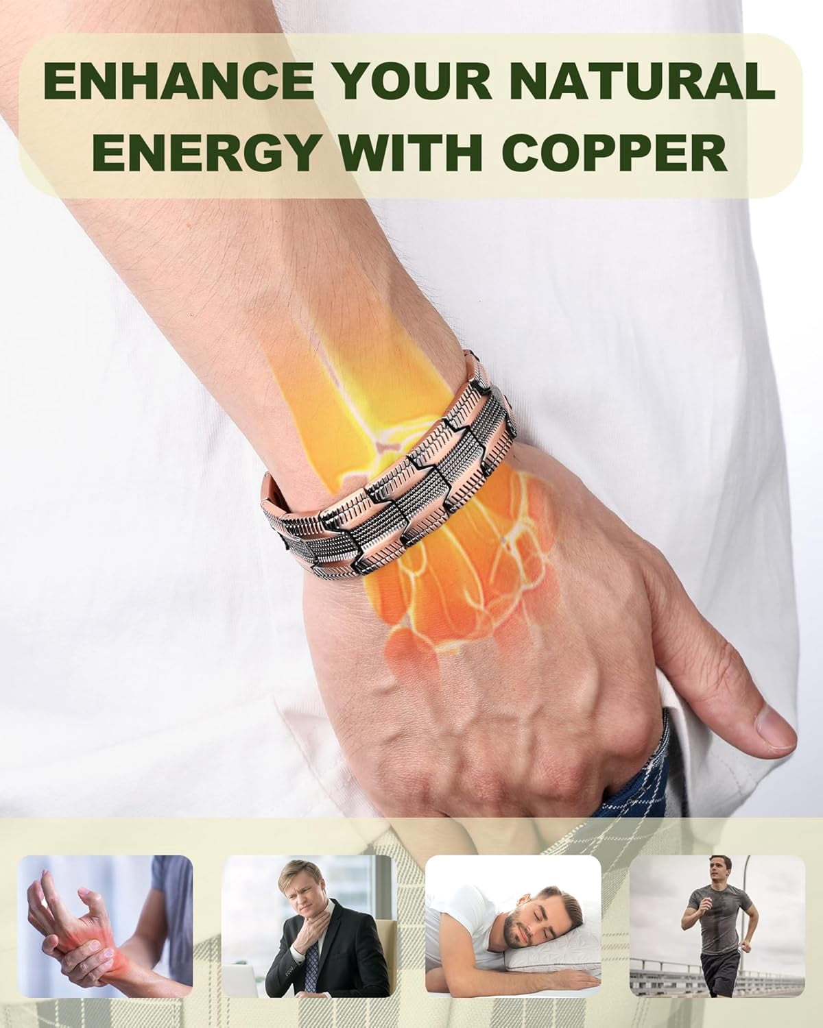 Wollet 3X Copper Magnetic Bracelet for Men, 99.99% Pure Copper Ring Jewelry Set