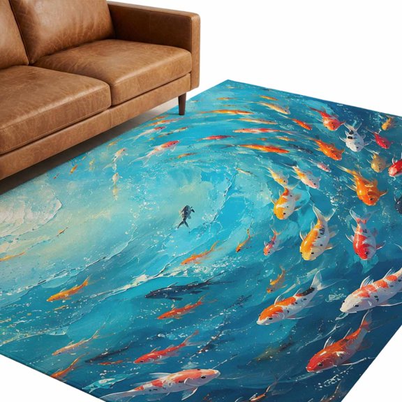 Koi Fish Area Rug 5x7ft Blue Ocean Red Yellow Fishes Sun Ray Sea Wave Coastal Non-Slip Washable Rectangle Rugs Soft Felt Indoor Floor Mat for Bedroom Kitchen Living Room Bathroom