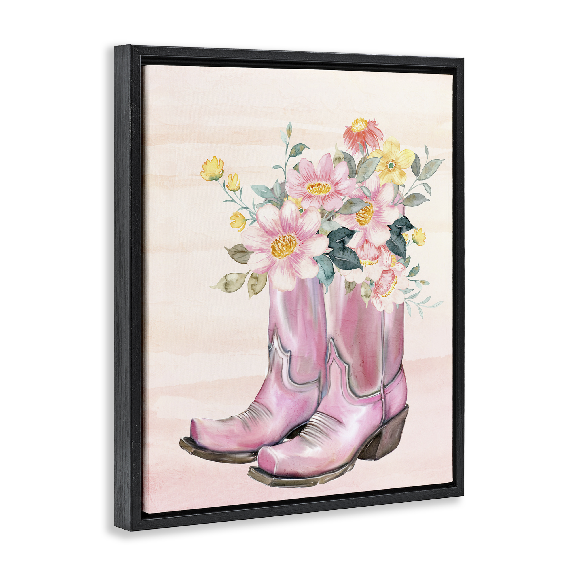 Wildflower Floral Boots Black Framed Floater Canvas Wall Art, design by Kim Allen