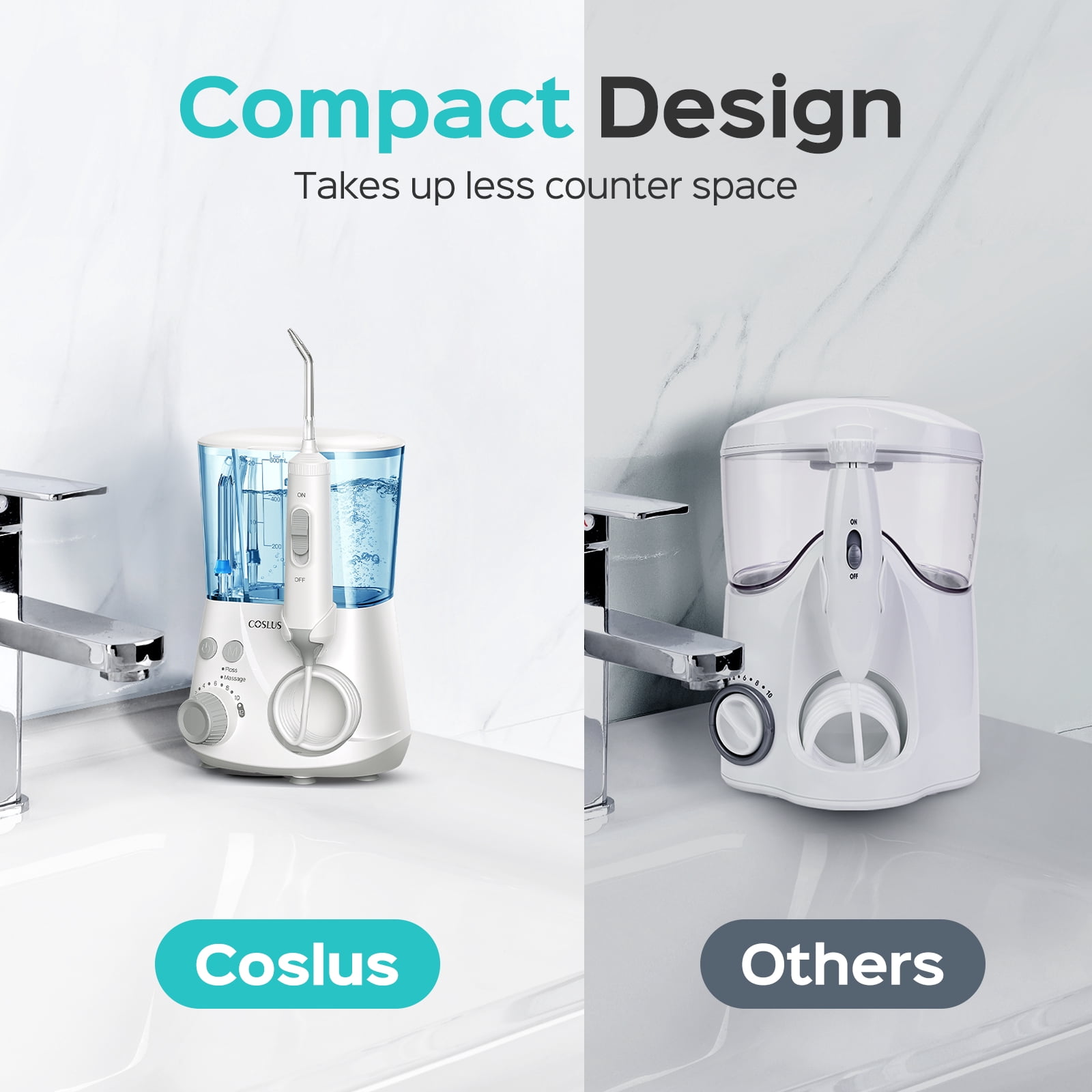 COSLUS EX2 Water Flosser for Teeth,Water Dental Flosser Pick for Teeth,2 Modes & 12 Pressure Settings,600ML,5 Jet Tips for Multiple Users ,White
