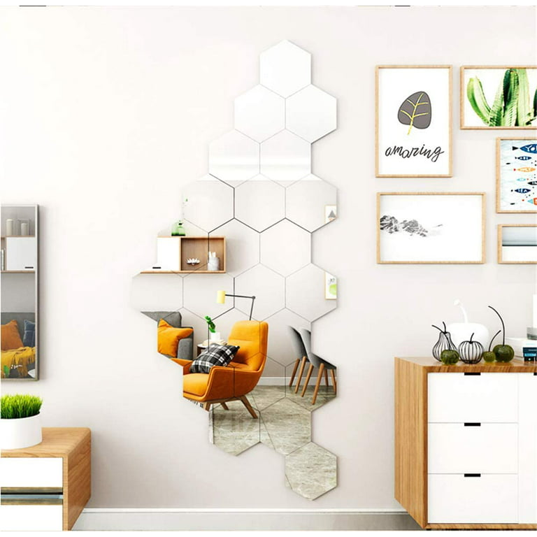 32 Pieces Hexagon Mirror Wall Stickers Removable Acrylic Mirror Setting  Hexagon Wall Sticker Decal for Home Room Living Bedroom Decor (15 x 13.3 x  7.5