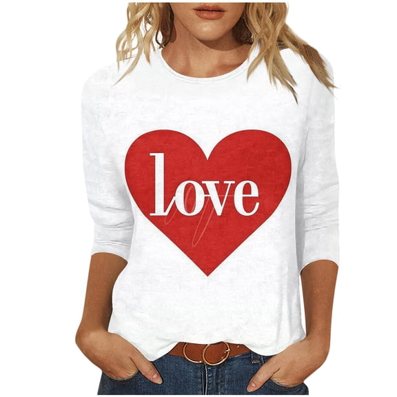 Giftesty Women's Valentine's Day Print Loose Crew Neck 3/4 Sleeve Casual Pullover T-Shirt for Holiday Daily Wear