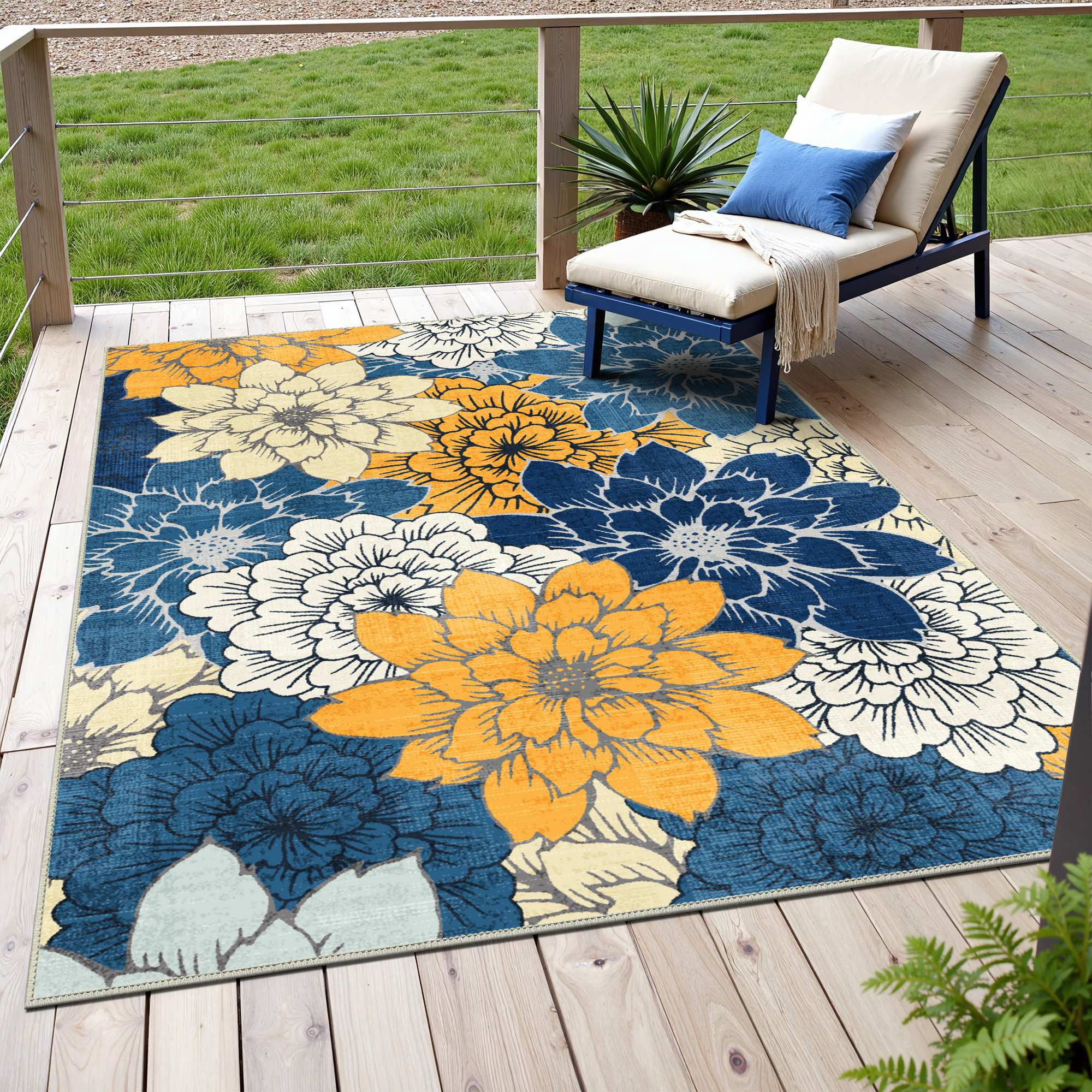 DEORAB 5'x8' Outdoor Rug Chenille Patio Carpet Three-Layer Material Imitation Silicone Spot Molding Camping Outside RV Mat,Blue