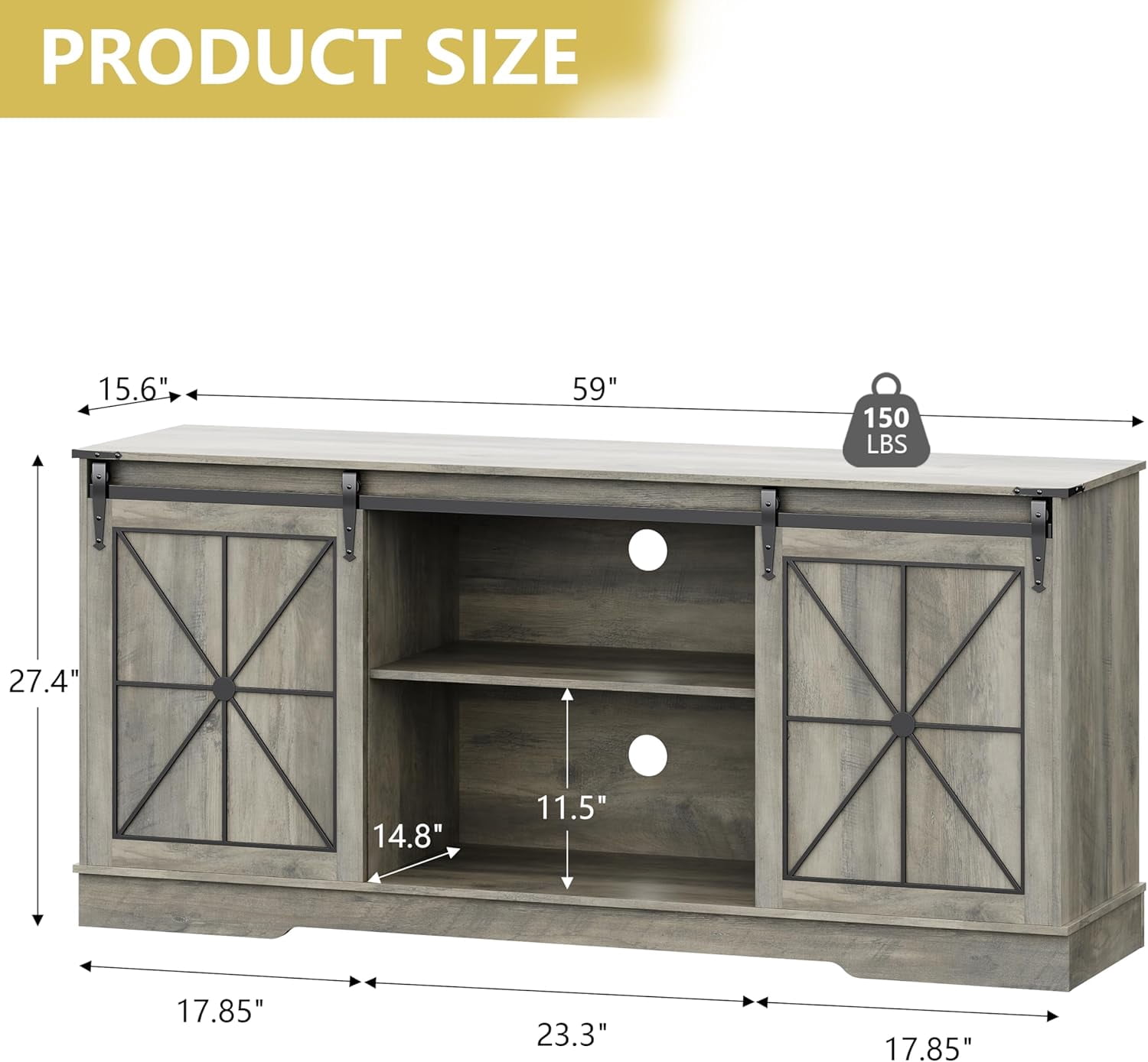 FANRAL Farmhouse TV Stand with Sliding Barn Doors,Rustic Entertainment Center for 65 Inch TV,Media Console with Storage Cabinets & Cable Holes for Living Room,Gray TV Stand