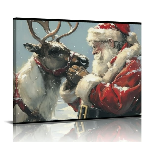 ARISTURING Canvas Painting Santa Claus And Reindeer,Indoor Home Living Room,Study,Office Wall Decor Poster Canvas,Gift For Reindeer Lovers,Modern Art Santa Claus And Reindeer Prints  20x16in