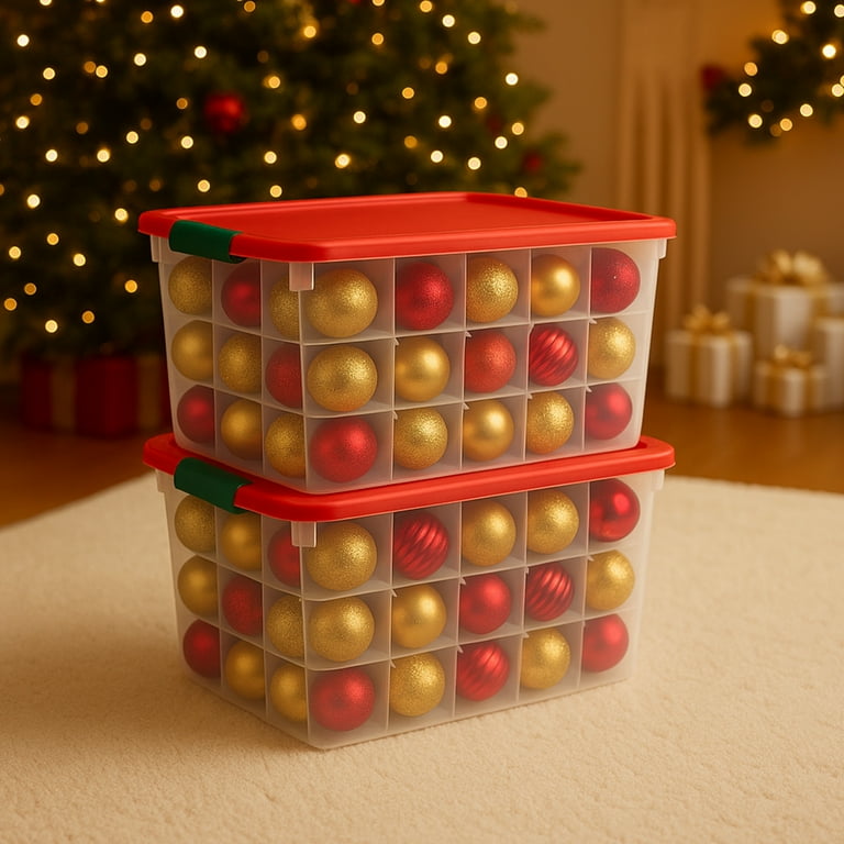 HOMZ 112-Quart Holiday Clear Plastic Ornament Storage, Red/Green