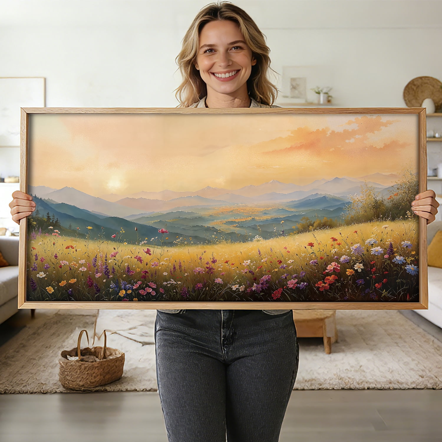 TOARTi Wildflowers Field Canvas Wall Art Boho Floral Framed Painting Vintage Nature Landscape Prints for Living Room Bedroom Office 20x40 Inch