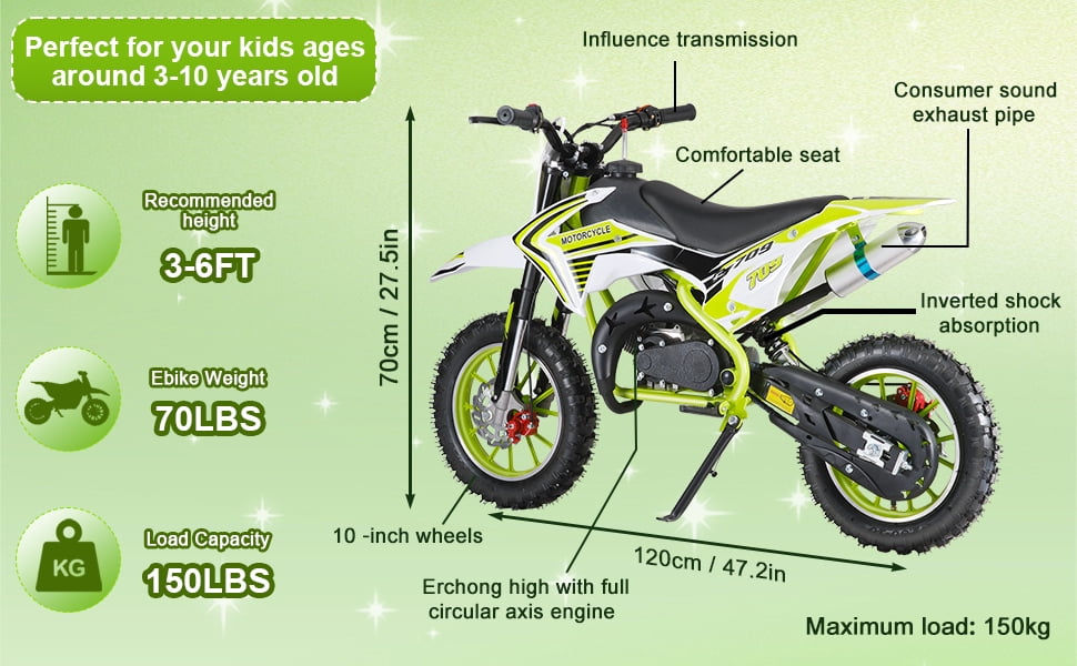 49CC Kids Dirt Bike - 30KM/H 2-Stroke Mini Motorcycle, 10" Off-Road Tires & Dual Disc Brakes, 150kg Load Capacity