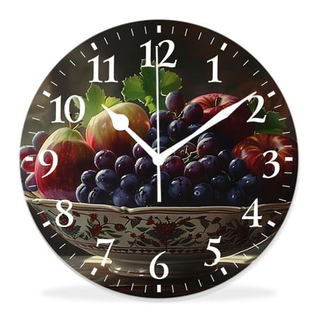 14 Inch Wall Clock Battery Operated Silent Clock Decorative for Office, Kitchen, Outdoor, Living Room，Vintage Wine Grape Red Glasses Chic