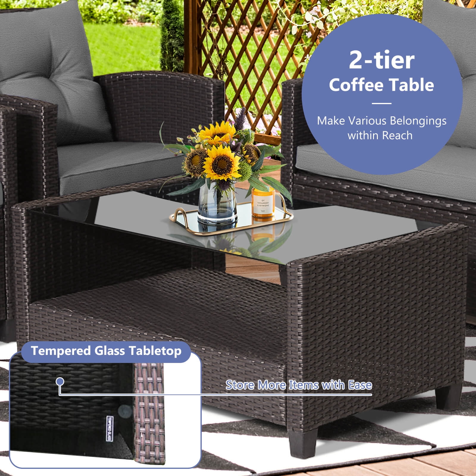 Costway 8 PCS Patio Rattan Furniture Set Glass Table Shelf Sofa Cushion Gray