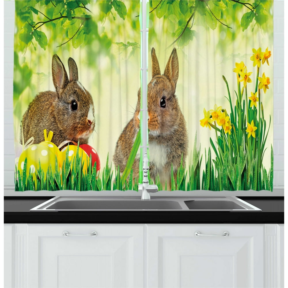 Easter Bunny Curtains 2 Panels Set, Brown Litte Rabbits Meadow Green