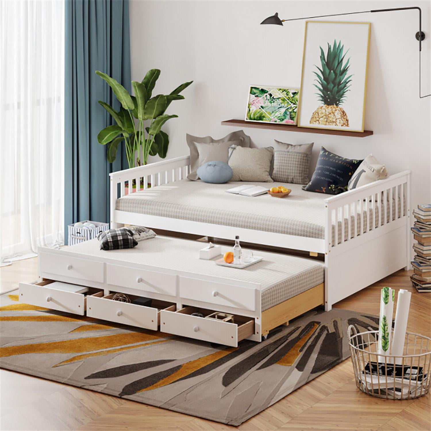 Demi Bonn Full Size Wood Daybed Frame with Trundle Bed and 3 Storage Drawers, Modern Bed Frame for Teens, White