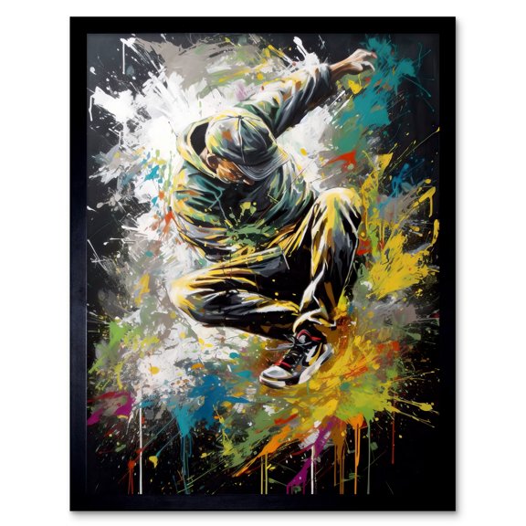 Break Dancer B-Boy Dancing Splatter Paint Portrait Art Print Framed Poster Wall Decor 12x16 inch