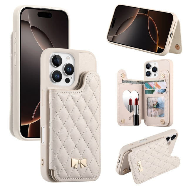 FOXDOCK Étui Portefeuille pour iPhone 16 Pro avec Porte-Cartes et Miroir, Support Ajustable Antichoc