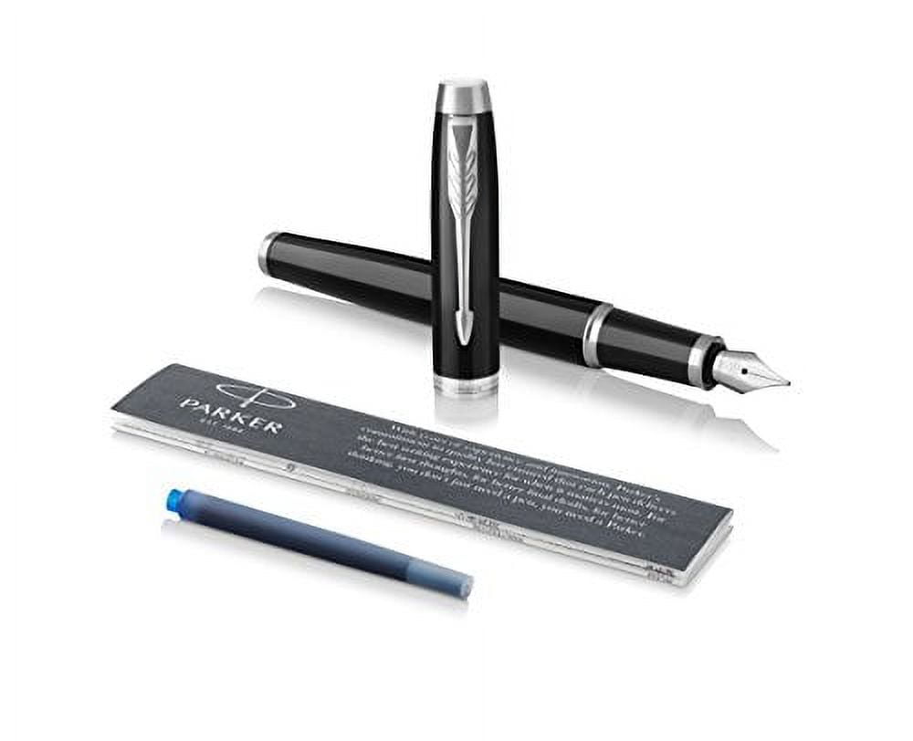 PARKER IM Fountain Pen, Black Lacquer Chrome Trim, Fine Nib with Blue Ink Refill (1931644)