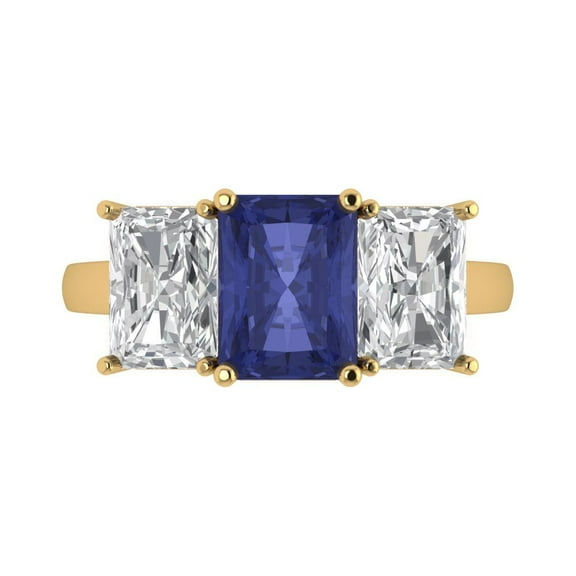 Three-Stone Engagement Ring for Women - 4ct Simulated Tanzanite in 18K Yellow Gold Promise Ring