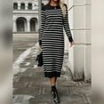 thumbnail image 2 of IDOPIP Womens 2024 Fall Striped Sweater Dresses Long Sleeve Crew Neck Slim Knit Midi Dress M Black, 2 of 7