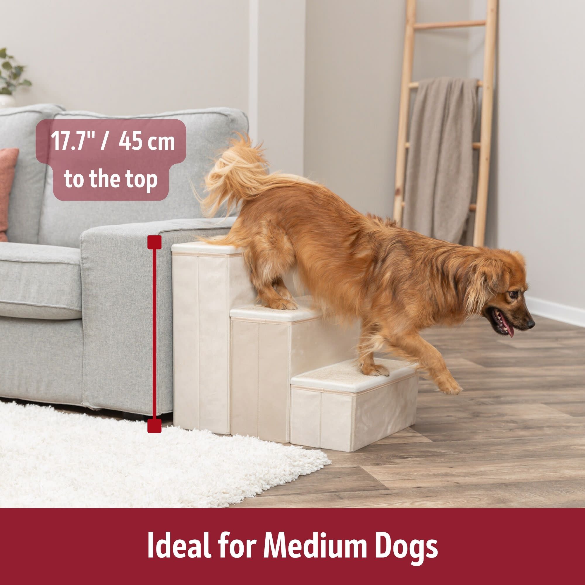 TRIXIE 3-Step Foldable Velour Pet Stairs with Storage, Beige