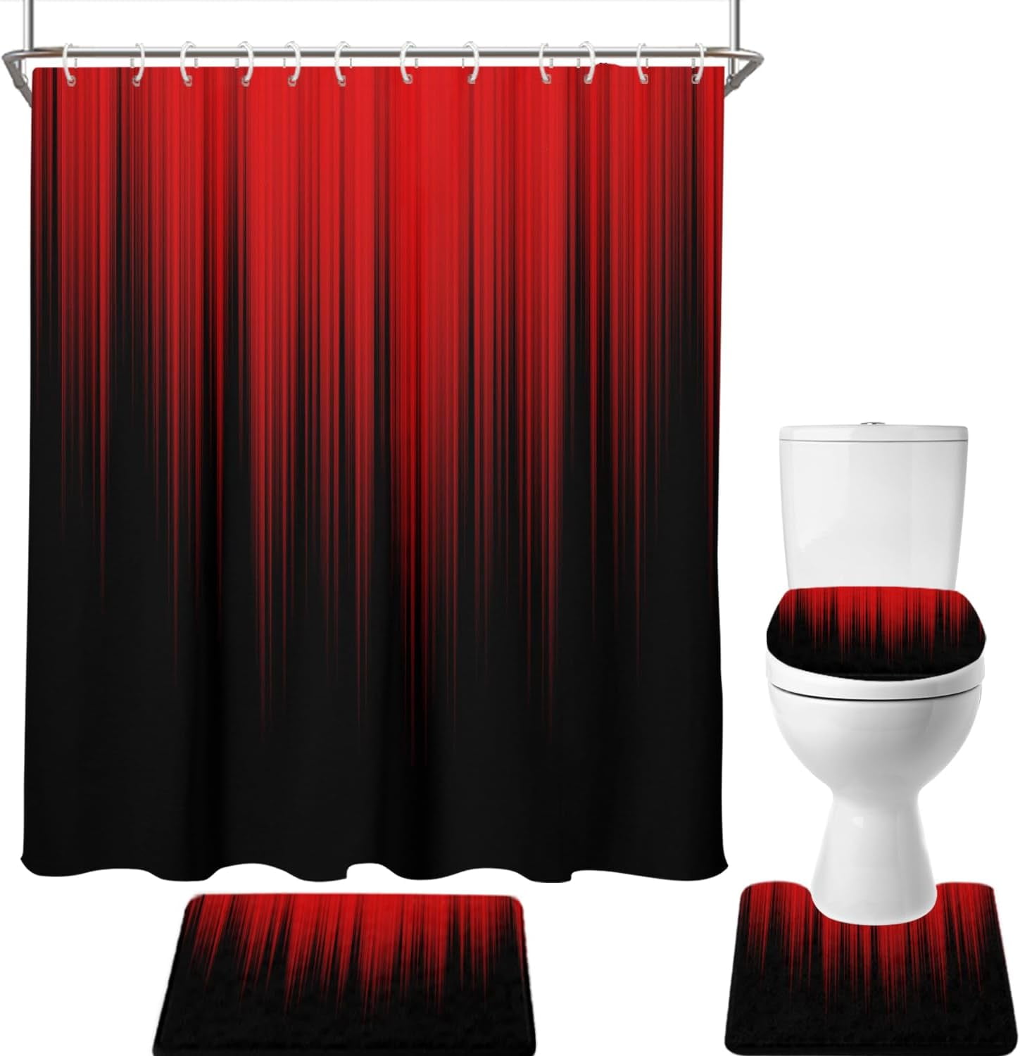4 Piece Red and Black Shower Curtain Ombre Mens Gothic Abstract Cool Art 72Wx72L Curtains Decor with Non-Slip Rugs, Toilet Lid Cover and Bath Mat Bathroom Accessories Home Bathtub Set