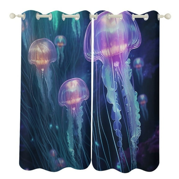 Ocean Glowing Jellyfish 2 Panel Curtain Set, Watercolor Painting Window Treatment Living Room Bedroom Decor