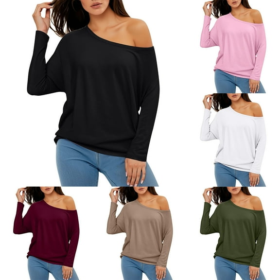 Flowy L/S Off Shoulder Tee Womens Long Sleeve Batwing Casual Loose Dolman T-Shirt Blouse Tops 2025 Casual Basic Tees,RD1 S