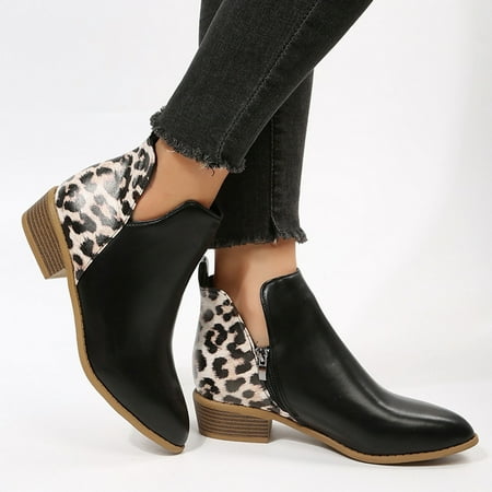 

XIAOFFENN Suede Boots For Women Cute Boots Autumn And Winter New Stitching Leather Thick Heel Pointed Side Zipper Ladies Short Boots Ankle Boots For Women Low Heel