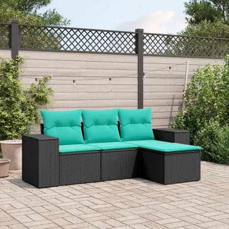 vidaXL 4 Piece Patio Sofa Set with Cushions Black Poly Rattan