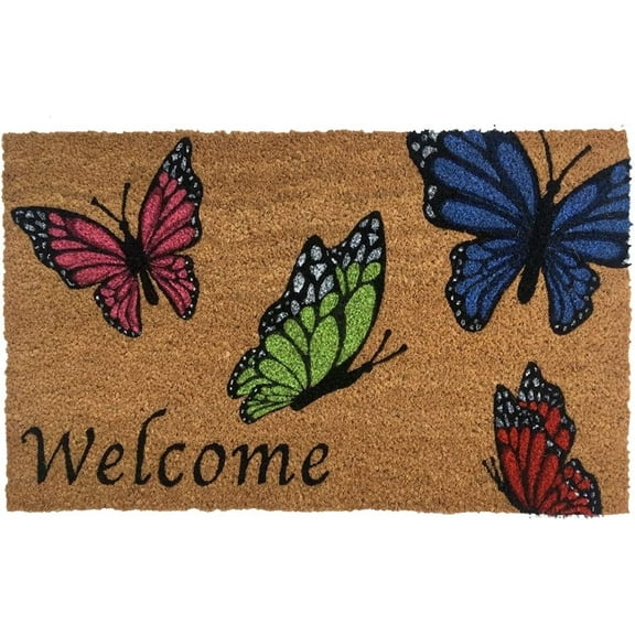 Welcome Butterflies Spring Coir Doormat Natural Fiber Outdoor 18" x 30"
