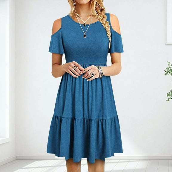 DailyTrove Women's Off-Shoulder Tiered Midi Dress, Short Sleeve, Casual Garden & Party Wear, Lightweight Rayon Blend, Ruffled Hem