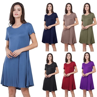 2019 Spring and Summer New Loose Short-sleeved Round Neck Solid Color Pocket (Best Spring Dresses 2019)
