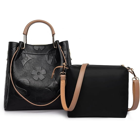 Kwuty Floral Handbags Purses Women - Embossed Leather Top Handle Handbag Set Large Shoulder Bag Ladies Bucket Hobo Tote