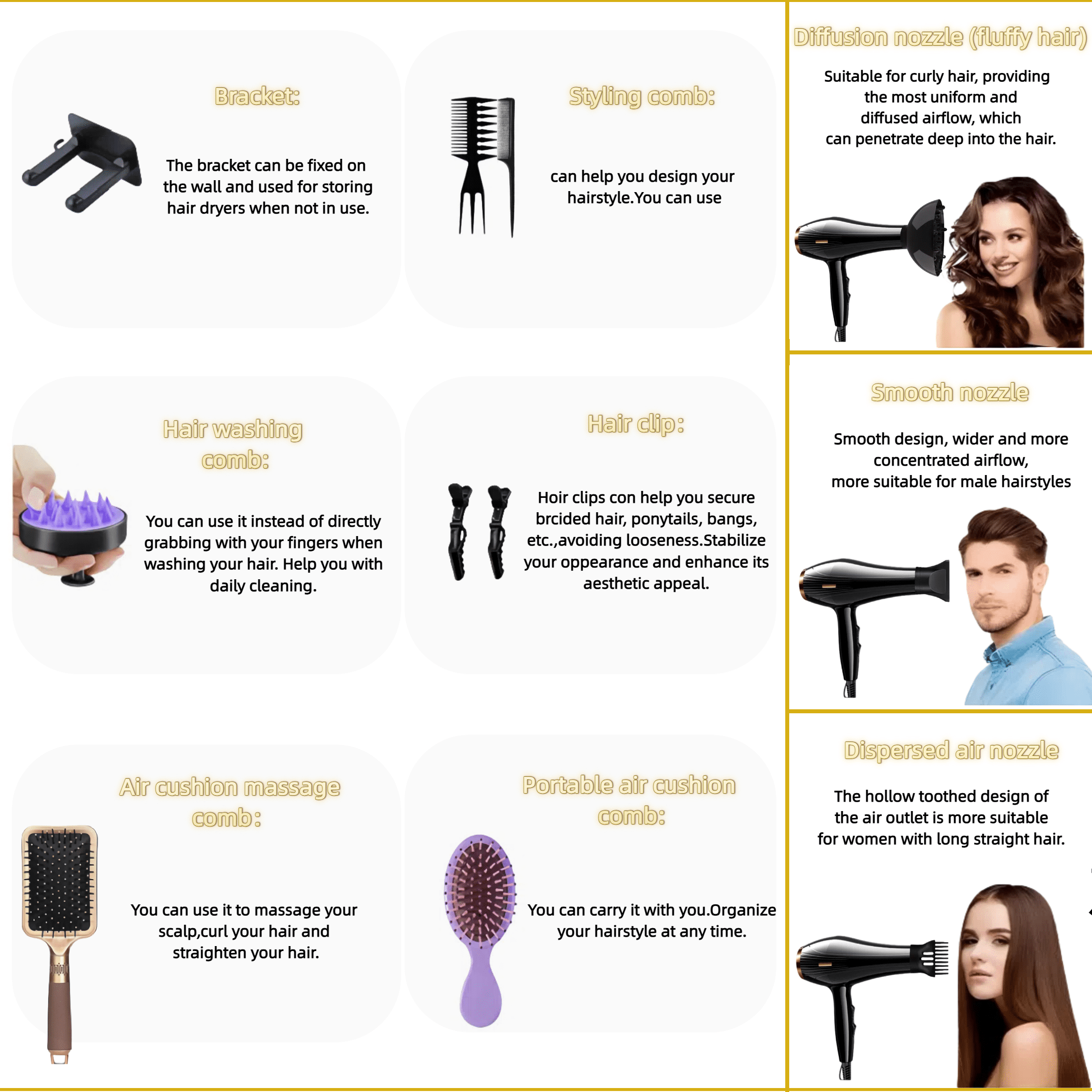 Professional Hair Dryer with 11 Styling Attachments， For Home and Travel, Gift-Ready, Unisex Fast Drying and Hair Care,Black
