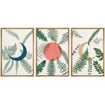 PixonSign Framed Canvas Print Wall Art Set Crescent Moon Sun Forest Plants Nature Floral Illustrations Modern Art Minimalism Decorative Botanical for Living Room, Bedroom, Office - 24"x36"x3 Natural