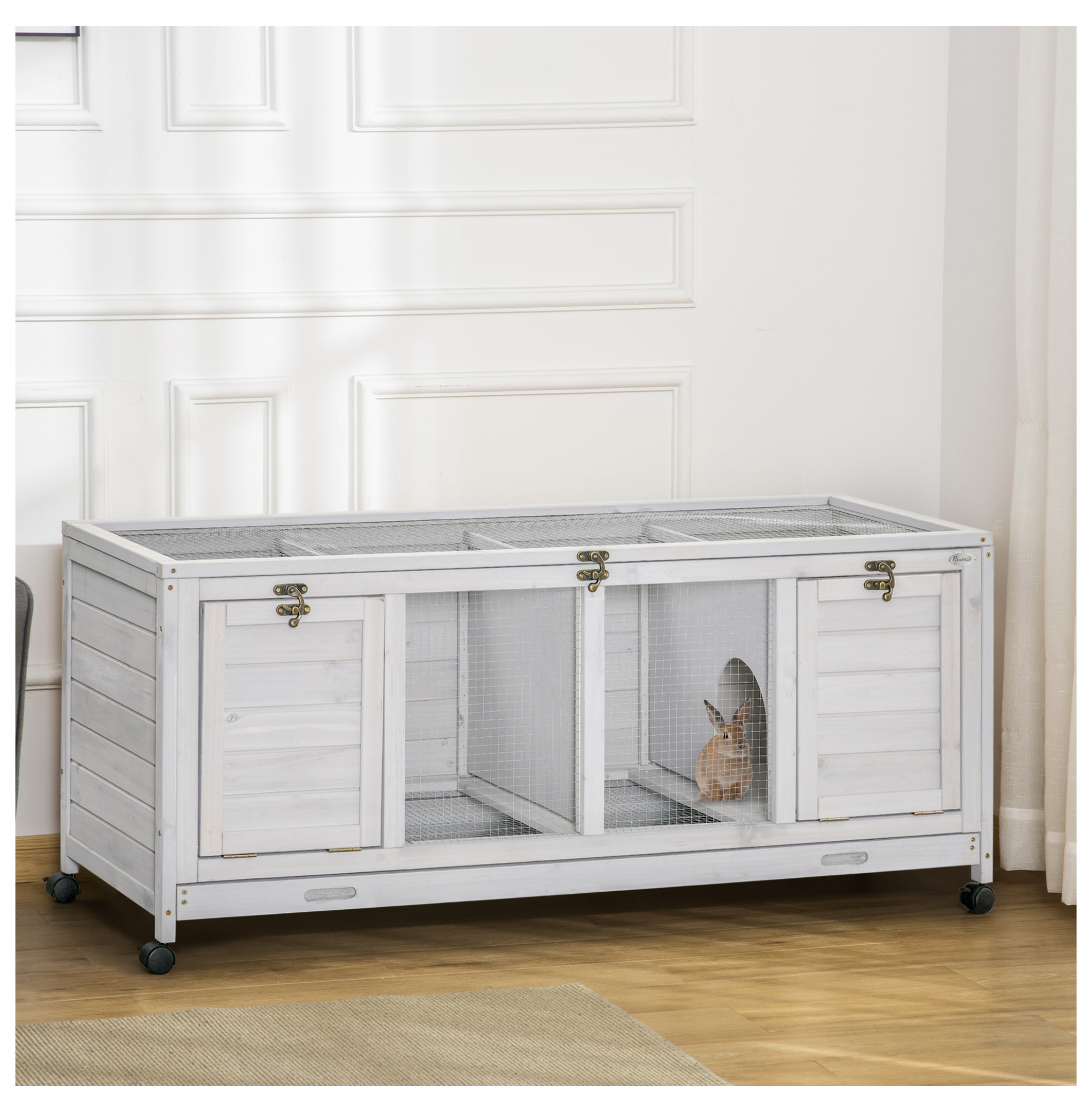 Wooden Rabbit Hutch with Wheels, Bunny Cage - 2 Story Indoor Outdoor Small Animal Habitat for 1-2 Rabbits - Light Gray