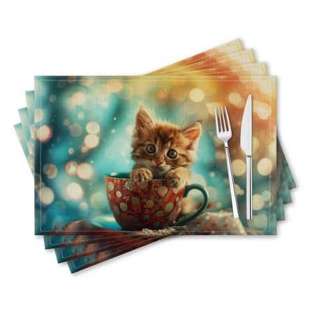 

BaHomeck placemats Set of 4 rectangle Linen Cotton Placemats for Dining Table Washable Heat Resistant 18*12inch Tiny Kitten Sits In Ornate Polka-Dotted Coffee Cup