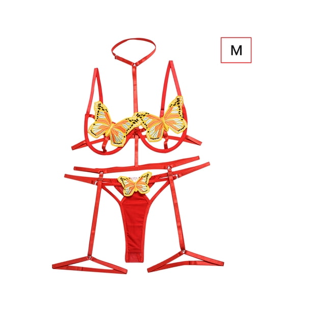 Sujetador G-string Strappy Lace Underwear Sexy Brief Bowknot Mujer Lencería, M, Rojo Vogacara XX000115-04