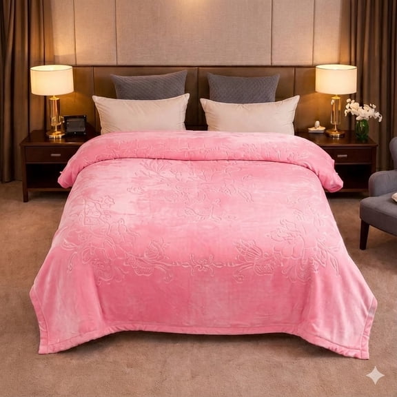 DBOZE Heavy Korean Mink Fleece Blanket King Size — 2-Ply Reversible Silky Soft Plush Winter Blanket, Ultra Warm Luxury Embossed Bed Blanket, Powerful Pink