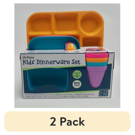 (2 pack) Your Zone 24 Piece Plastic Dinnerware Set for Kids with 4 each Trays, Bowls, Plates, Cups, Forks, Spoons in Bright Pink, Teal, Purple, Orange