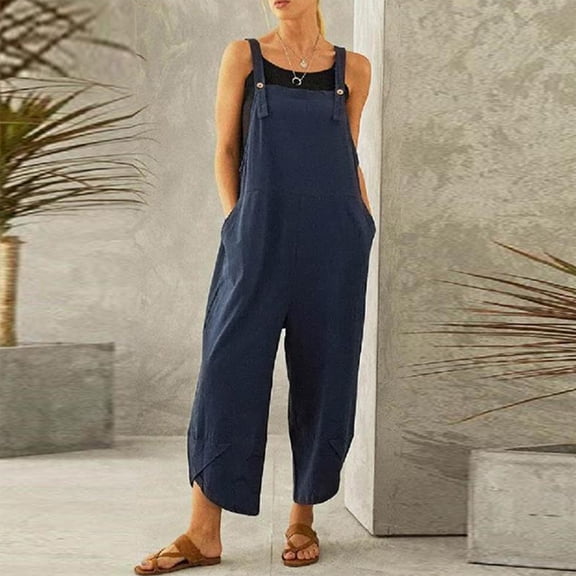 Womens Cotton Linen Adjustable Casual Summer Bib Overalls Jumpsuits with Pockets Blue 4XL