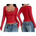 thumbnail image 3 of Camisas de Larga para Mujer, Tops Cortos, Cuello Cuadrado, Camisetas Básicas para Salir, Ropa de Invierno Y2K 2025 Rojo M, 3 of 7