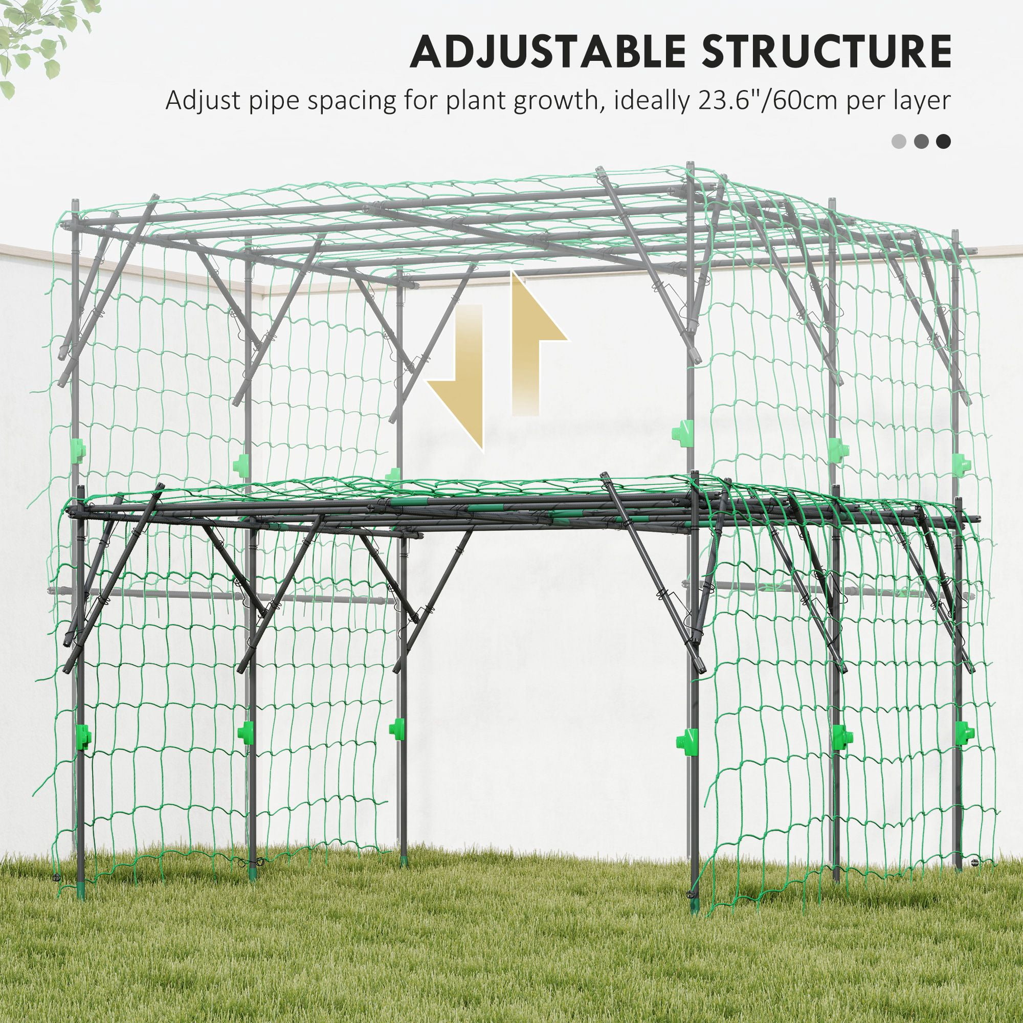 Outsunny 7.3 FT Garden Arch Trellis, Black PE-Coated Steel Plant Support with Climbing Net, Large Vegetable Trellis for Cucumber and Tomato in Backyard, Patio or Lawn