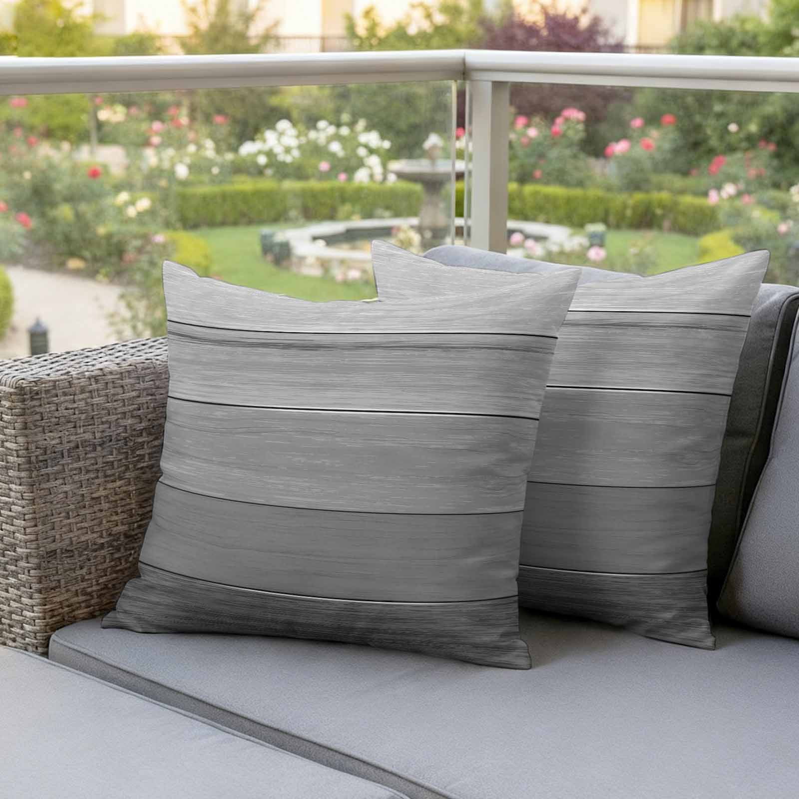 Grey Ombre Wooden Outdoor Waterproof Pillow Covers, Farmhouse Retro Gray Wood Gradient Decorative Square Throw Pillowcase Sofa Cushion Sham for Patio/Couch/Chair, 20"x20" 2 Pack