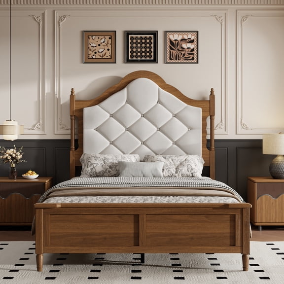 Euroco Wood Full Size Platform Bed with Upholstery Headboard, Vintage Mid Century Bed Frame, Brown