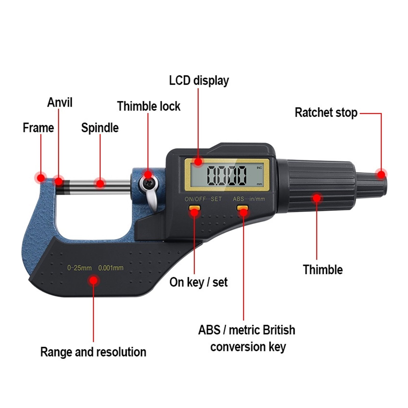 0-25mm 0.001mm Steel Electronic Outside Digital Micrometer Screw Large LCD Screen Digital Vernier Micrometer Caliper Gauge