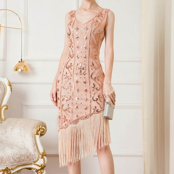 Pisexur Sleeveless V-Neck Dress Women's Fashion Suspender Crewneck Sequin Feather Sleeveless Mini Dress Women Dress