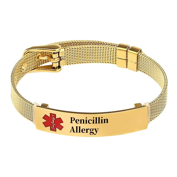 Metaljc Stainless Steel Medical Alert ID Bracelet for Men Women, Engraving Penicillin Allergy, Gold